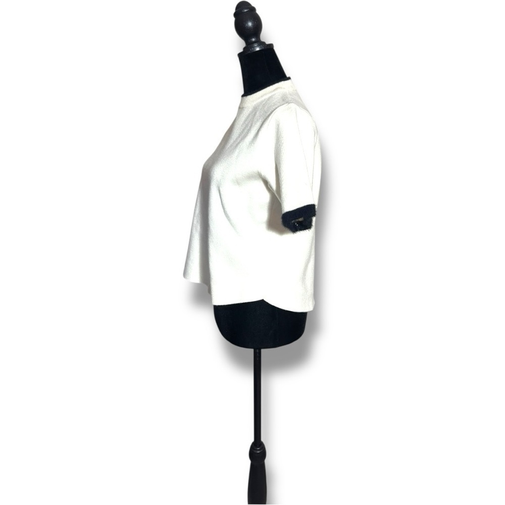 Zara Mock Turtleneck Soft Sweater Material White Tee with Black Trim - Picture 4 of 13